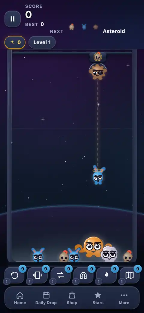 A Planet Plink board: a Humlet is banked off the wall, lands beside its match, and the two hug into the next one up.