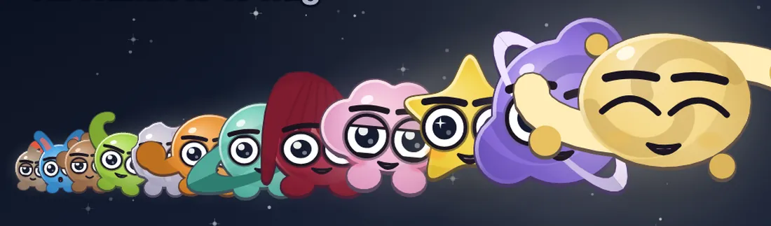 The twelve Humlets, smallest to largest: Dusty, Pip, Chip, Zoom, Luna, Rollo, Ringer, Bigsby, Nebby, Twinkle, Blink and Grandma Galaxy.